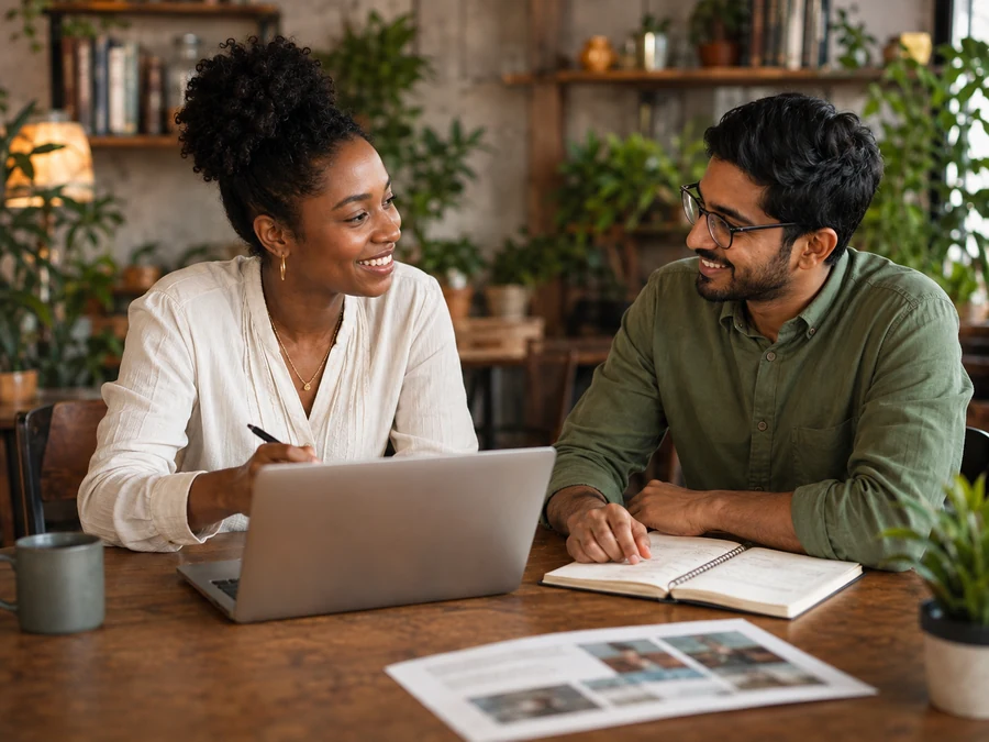 Two people discussing freelance work at a table.