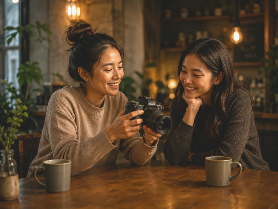 Two people reviewing a photo together.