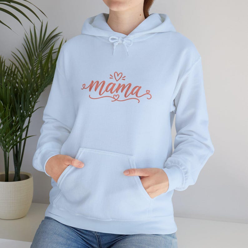 Light blue hoodie with the ARCU Labs mama script and heart design.