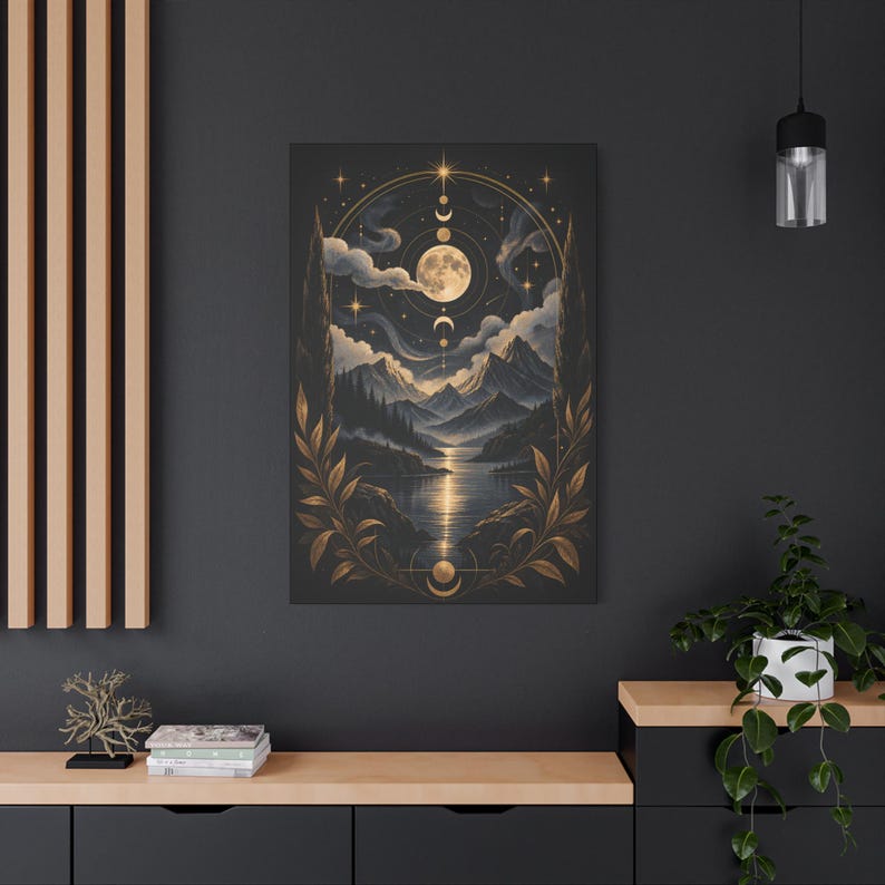 ARCU Labs moon phases mountain lake canvas displayed on a dark wall.