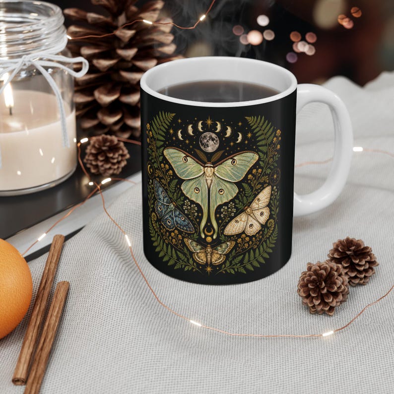 ARCU Labs luna moth and moon phase ceramic mug.